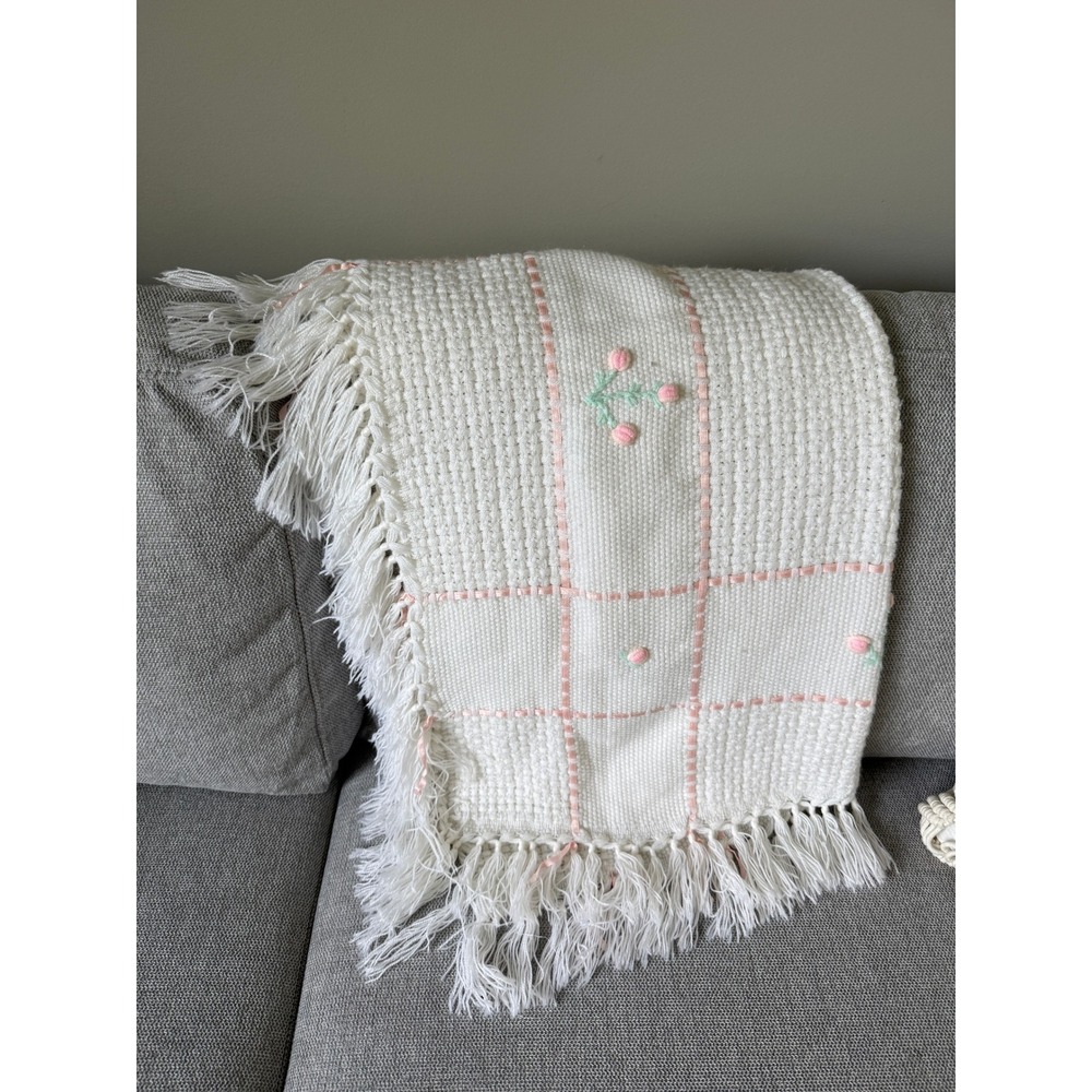 Vintage Once Upon A Time White Pink Floral Waffle Baby Blanket Made in Italy